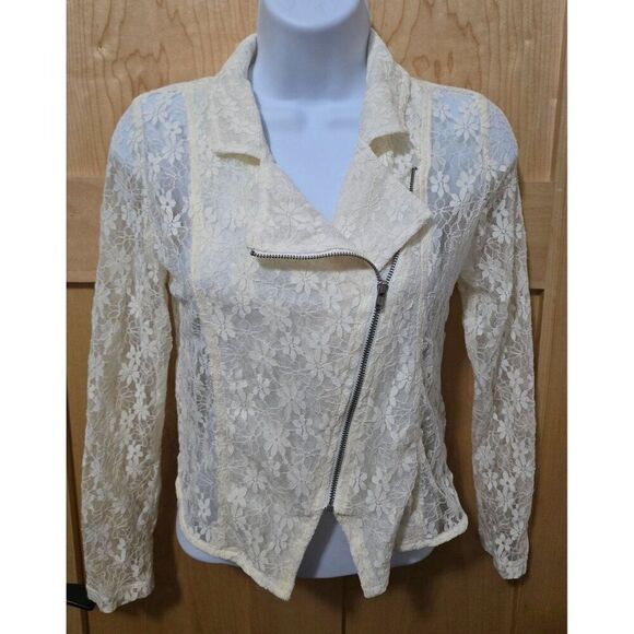 Floral Lace Cream Sheer Moto Jacket With Asymmetrical Zipper jr size M 10/12 - Picture 2 of 13